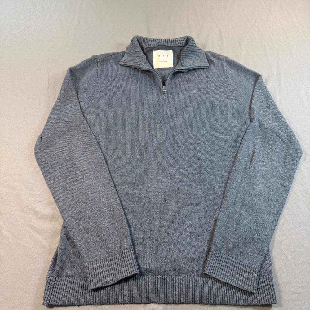 Hollister Mens Quarter Zip Sweater Small Gray Mock Neck Cotton Blend Pullover - Picture 2 of 7